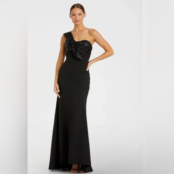 Mac Duggal NWT Black One-Shoulder Draped Trumpet FormalGown with Bow 49547 Sz 0 - Picture 1 of 13
